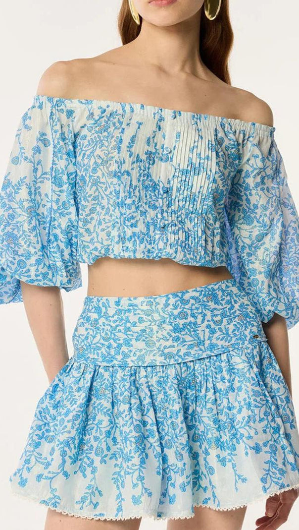 AIIZIE OFF-SHOULDER FLORAL PRINT MINI SKIRT SET IN BLUE - product image