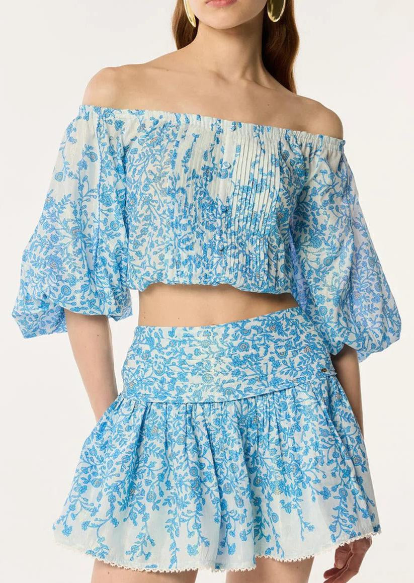 OFF-SHOULDER FLORAL PRINT MINI SKIRT SET IN BLUE