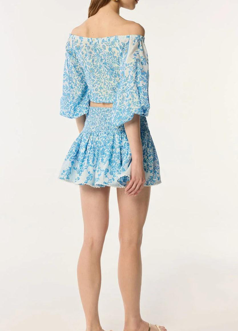 OFF-SHOULDER FLORAL PRINT MINI SKIRT SET IN BLUE