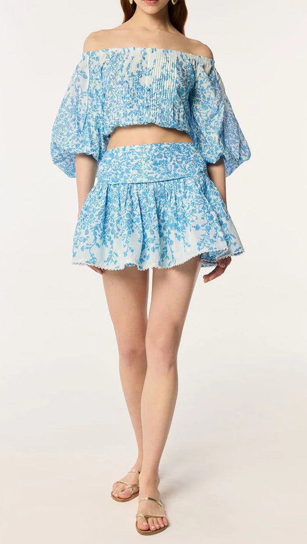AIIZIE OFF-SHOULDER FLORAL PRINT MINI SKIRT SET IN BLUE - product image