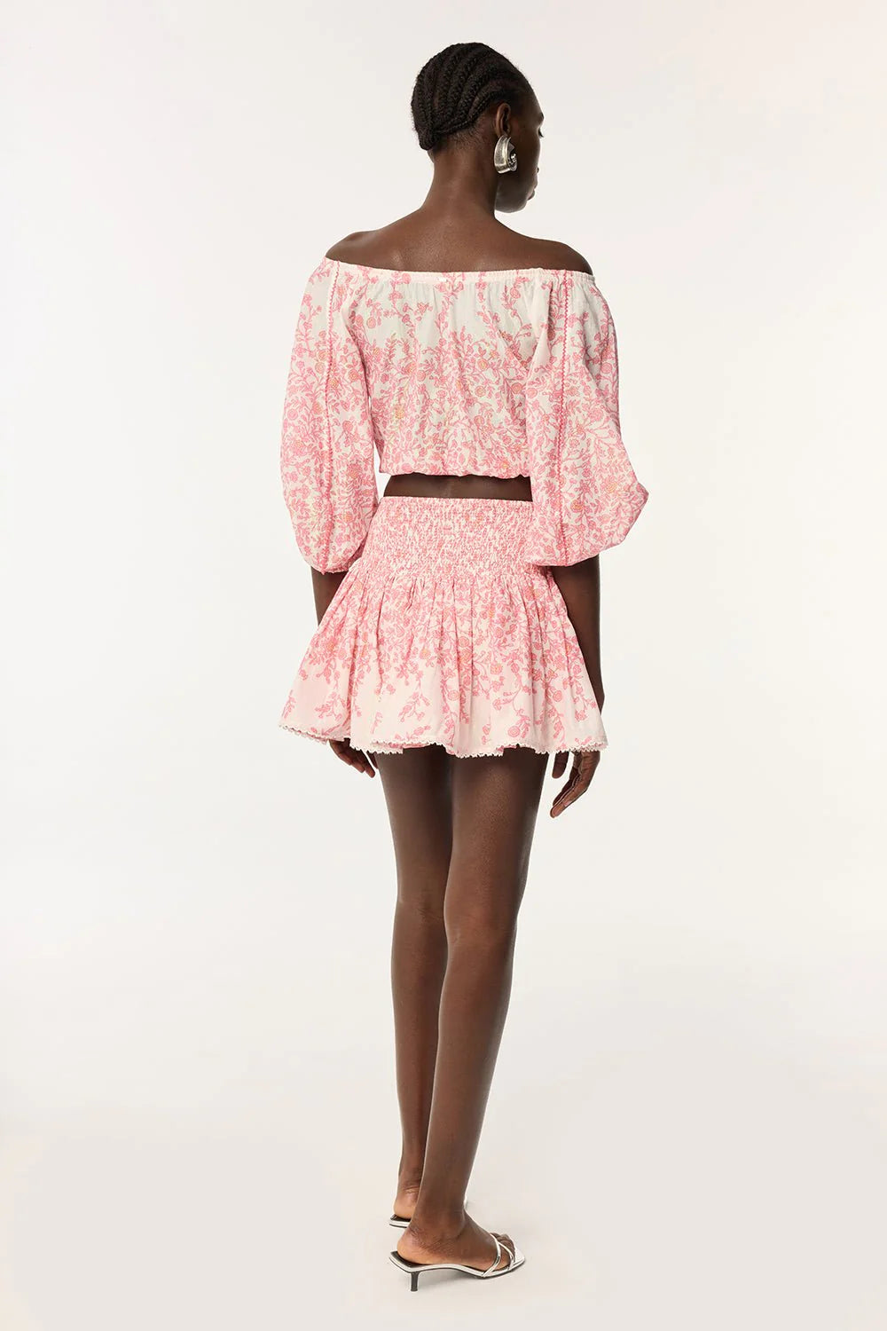 OFF-SHOULDER FLORAL PRINT MINI SKIRT SET IN PINK