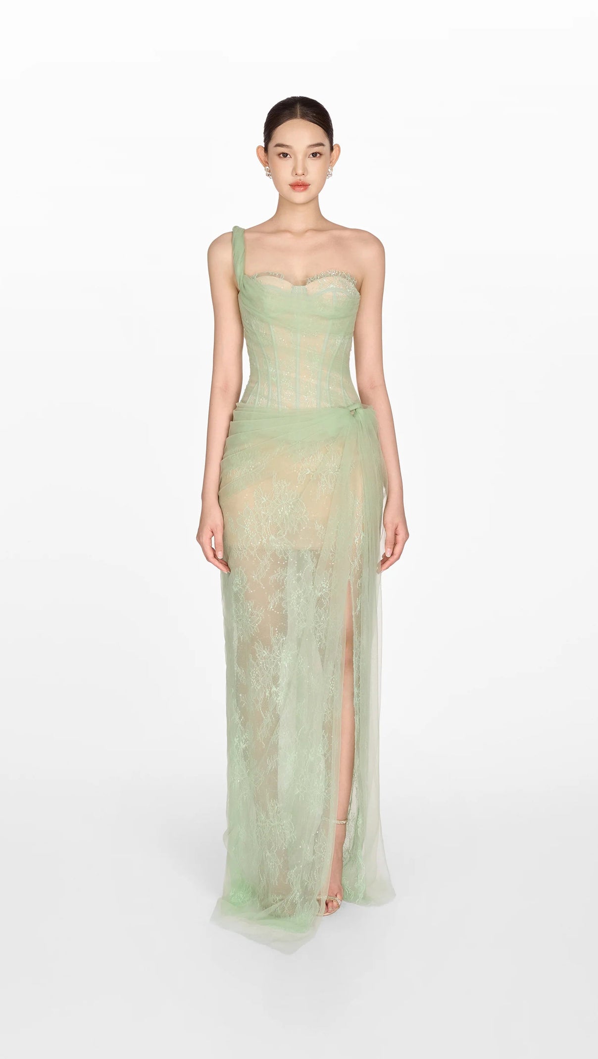 AIIZIE ONE SHOULDER MESH RUCHED MIDI DRESS - product image