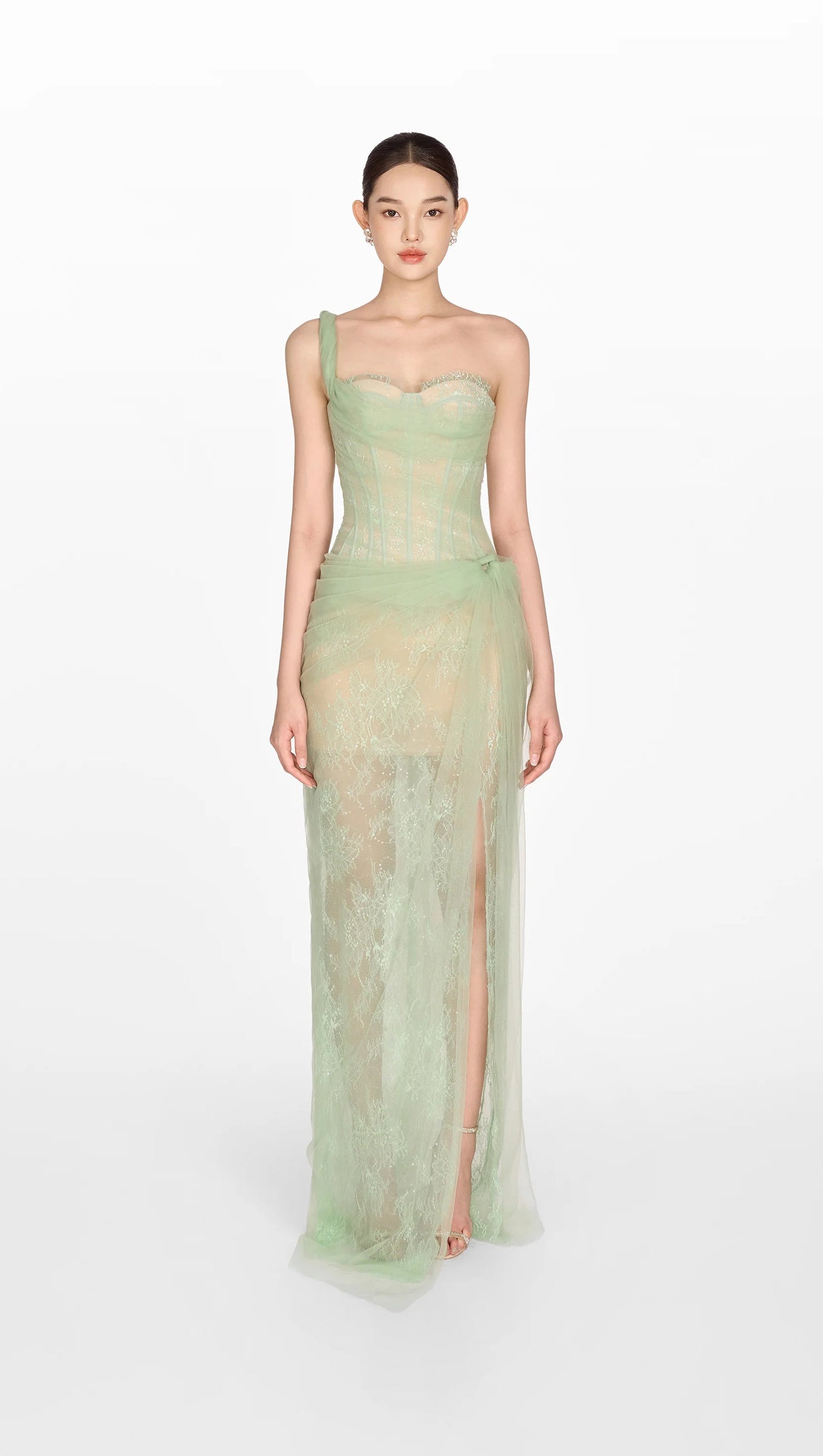 MIDIKLEID AUS MESH MIT RÜSCHEN UND EINER SCHULTER