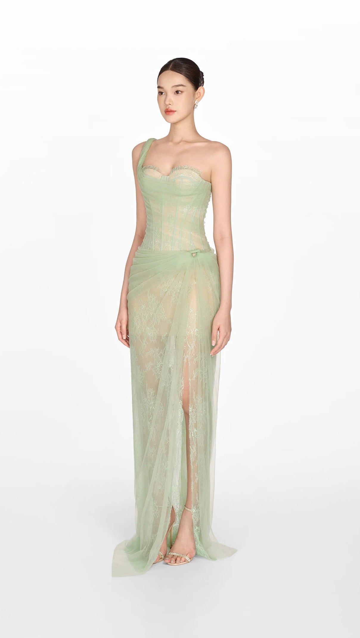 AIIZIE ONE SHOULDER MESH RUCHED MIDI DRESS - product image