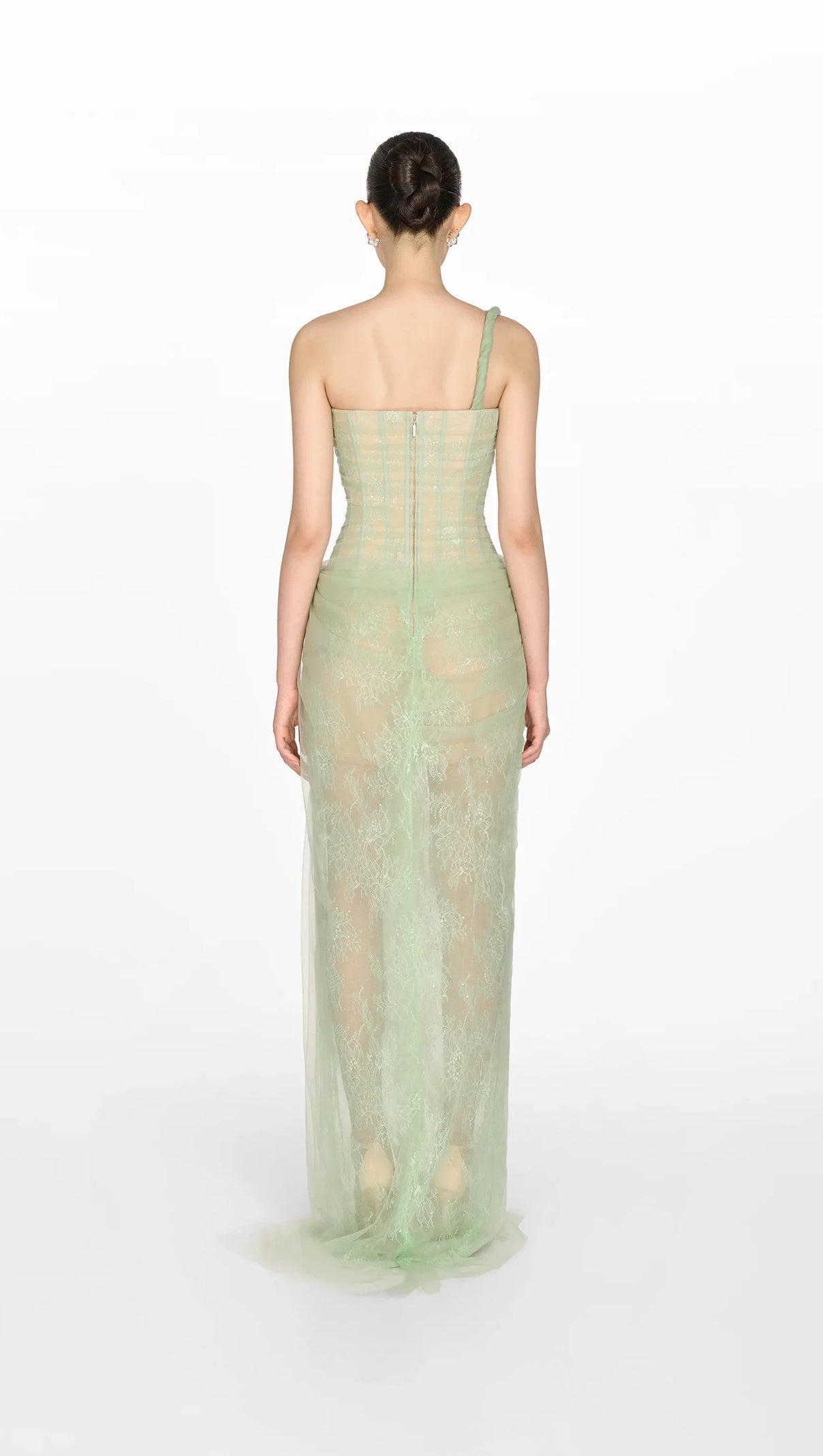 AIIZIE ONE SHOULDER MESH RUCHED MIDI DRESS - product image