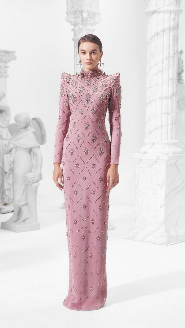 AIIZIE Katherine Pink Straight Cut Diamond Maxi Dress - product image