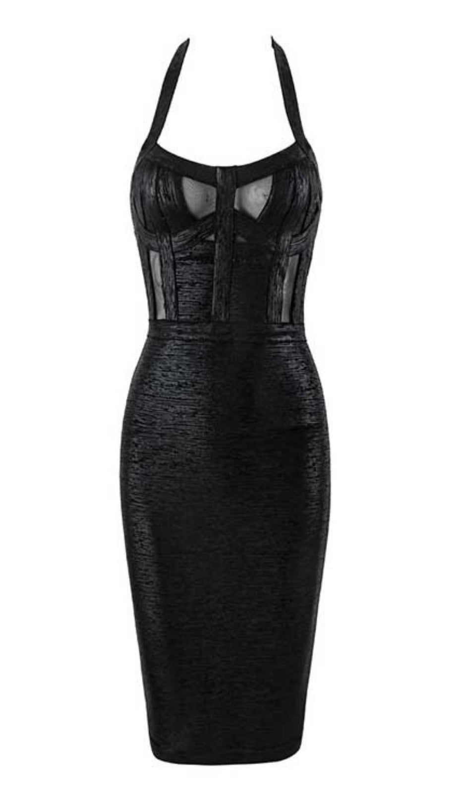 NECK BLACK METALLIC BANDAGE DRESS - BLACK