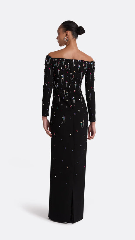 PAMARIA DIAMANTE EMBROIDERY OFF SHOULDER MAXI DRESS