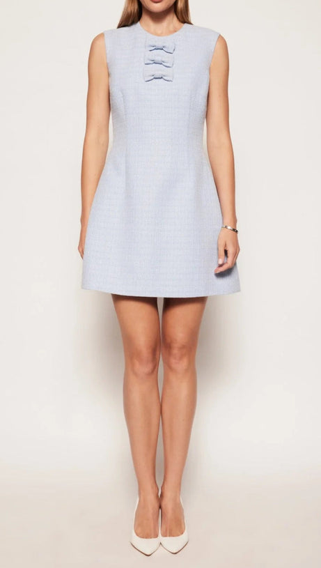 TWEED BOW EMBELLISHED SLEEVELESS MINI DRESS IN BLUE