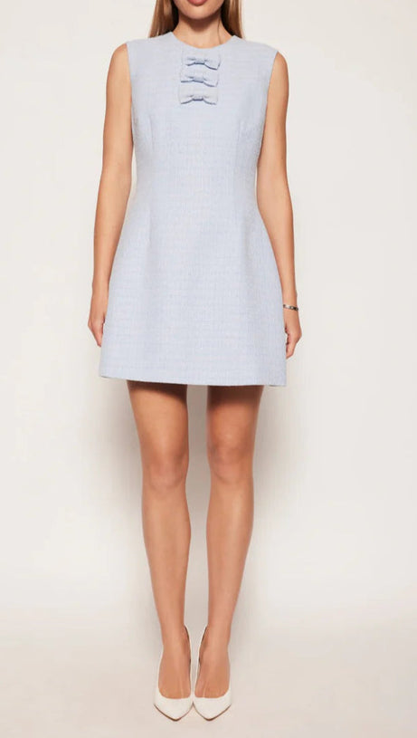 TWEED BOW EMBELLISHED SLEEVELESS MINI DRESS IN BLUE