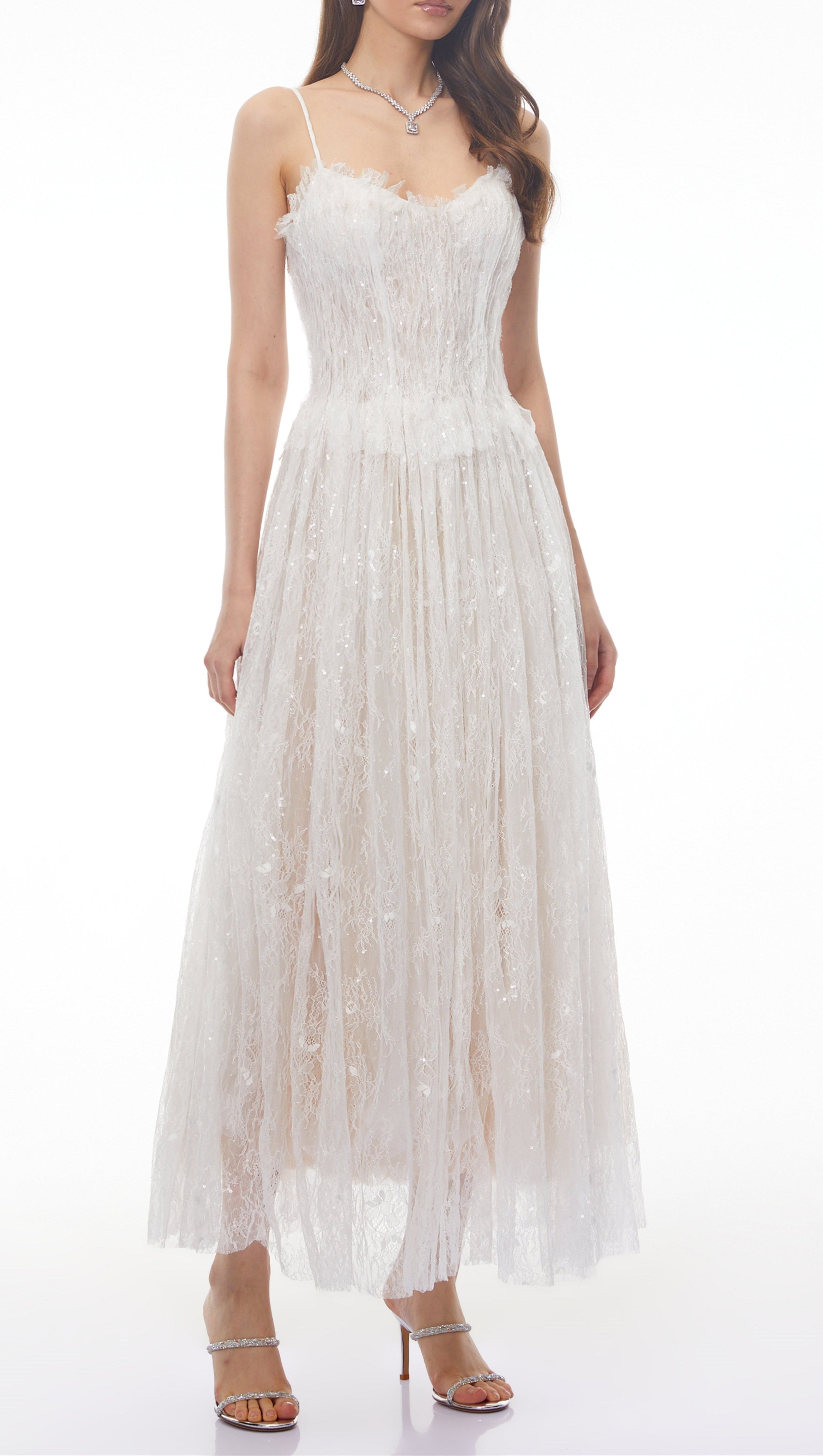 Nadir White Pleated Lace Maxi Dress