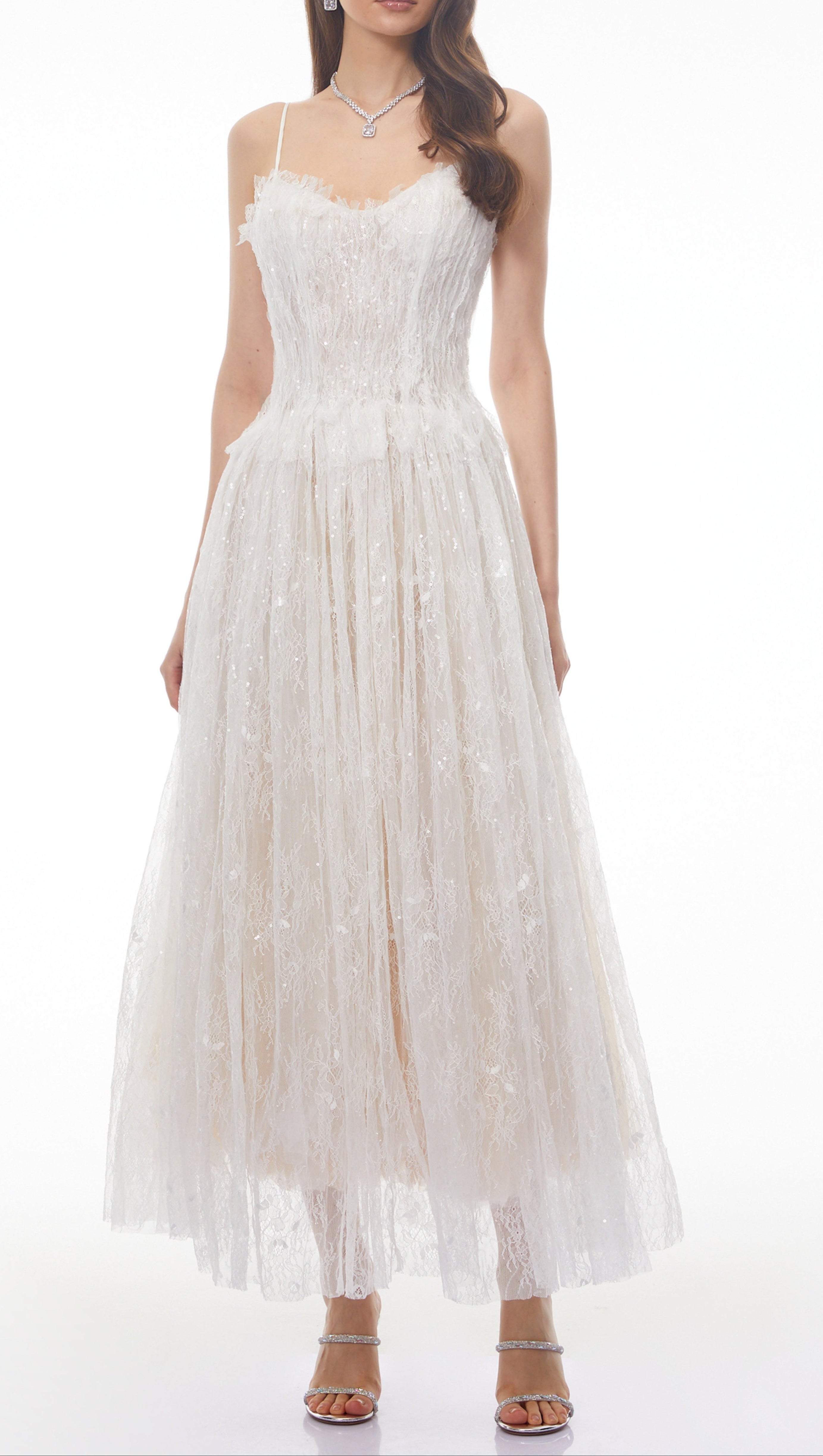 Nadir White Pleated Lace Maxi Dress