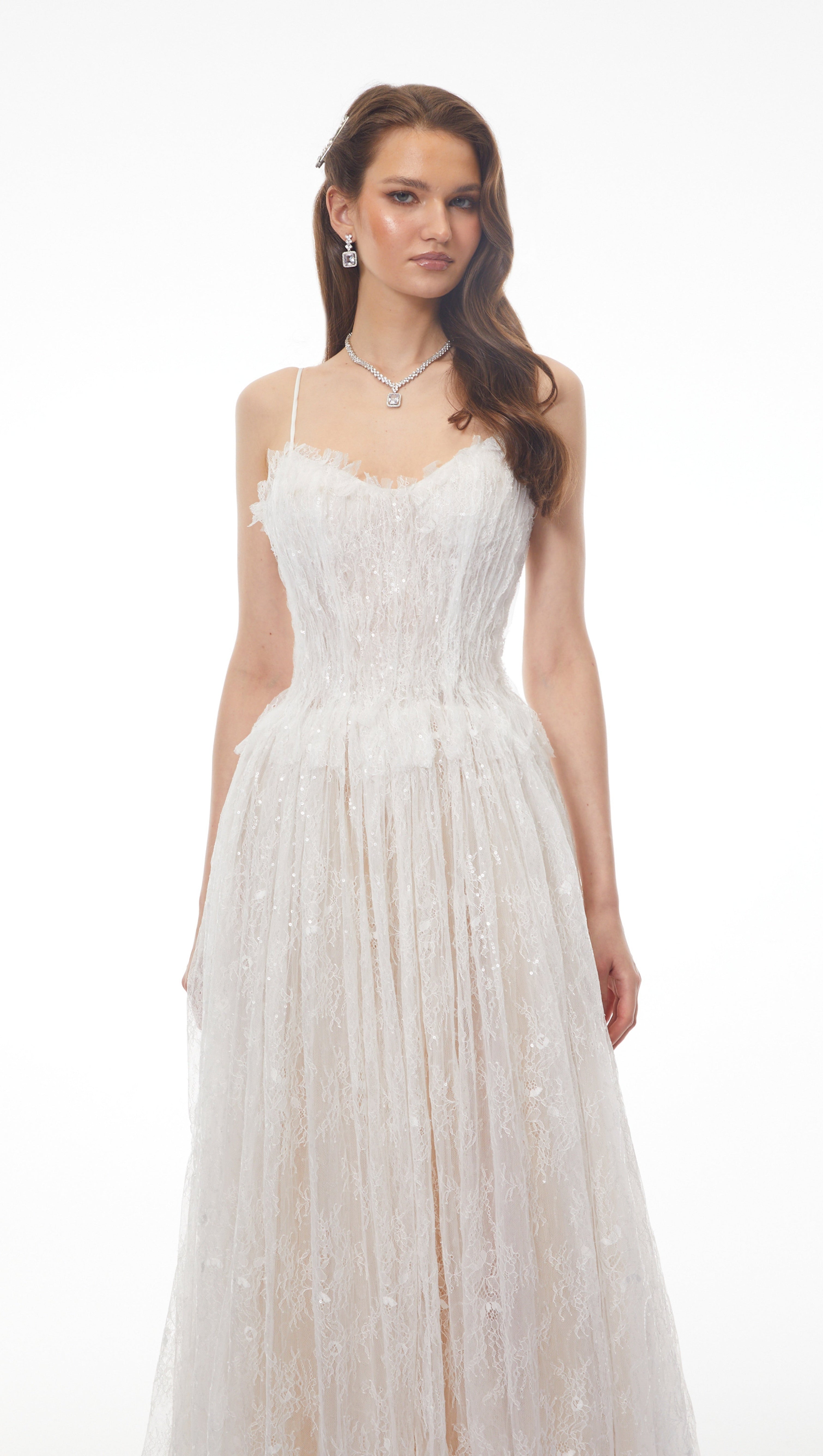Nadir White Pleated Lace Maxi Dress