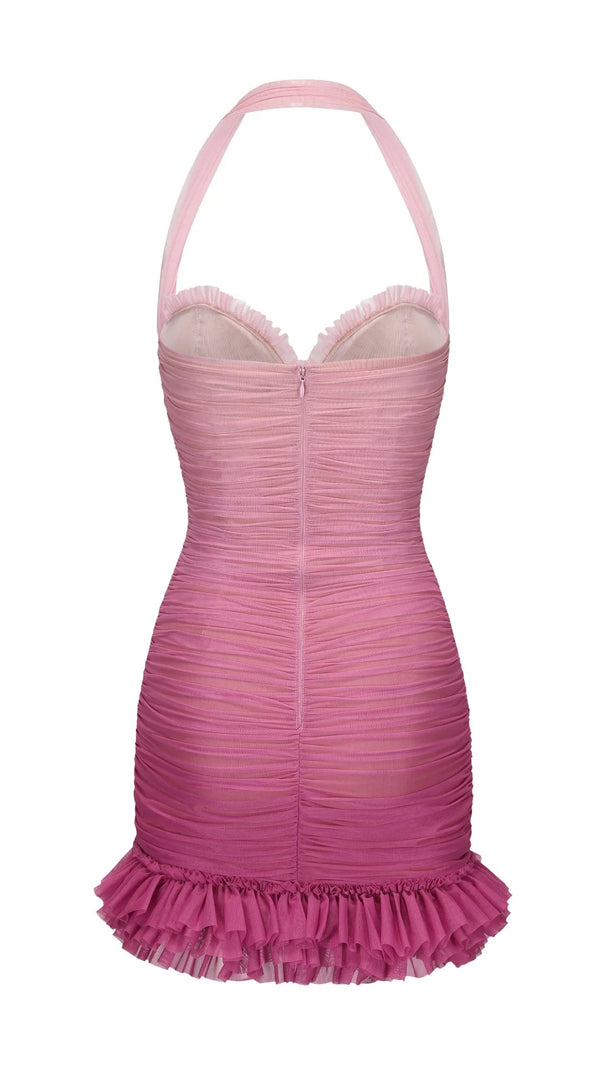 AIIZIE HALTER MESH GRADIENT RUSHED MINI DRESS IN PINK - product image