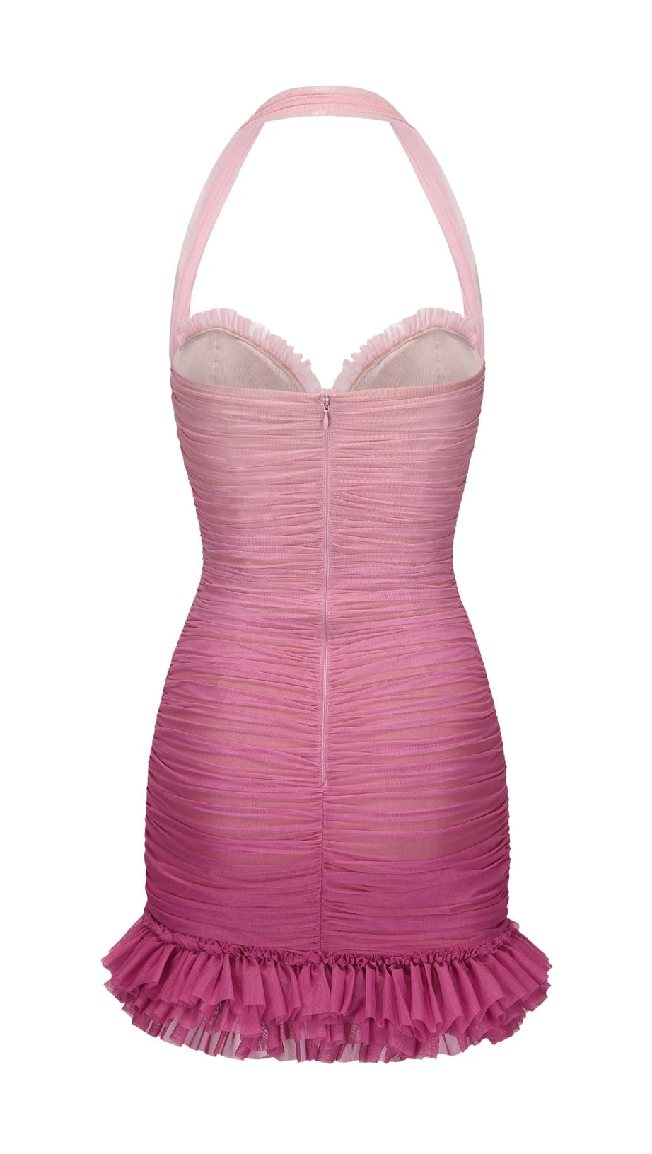HALTER MESH GRADIENT RUSHED MINI DRESS IN PINK