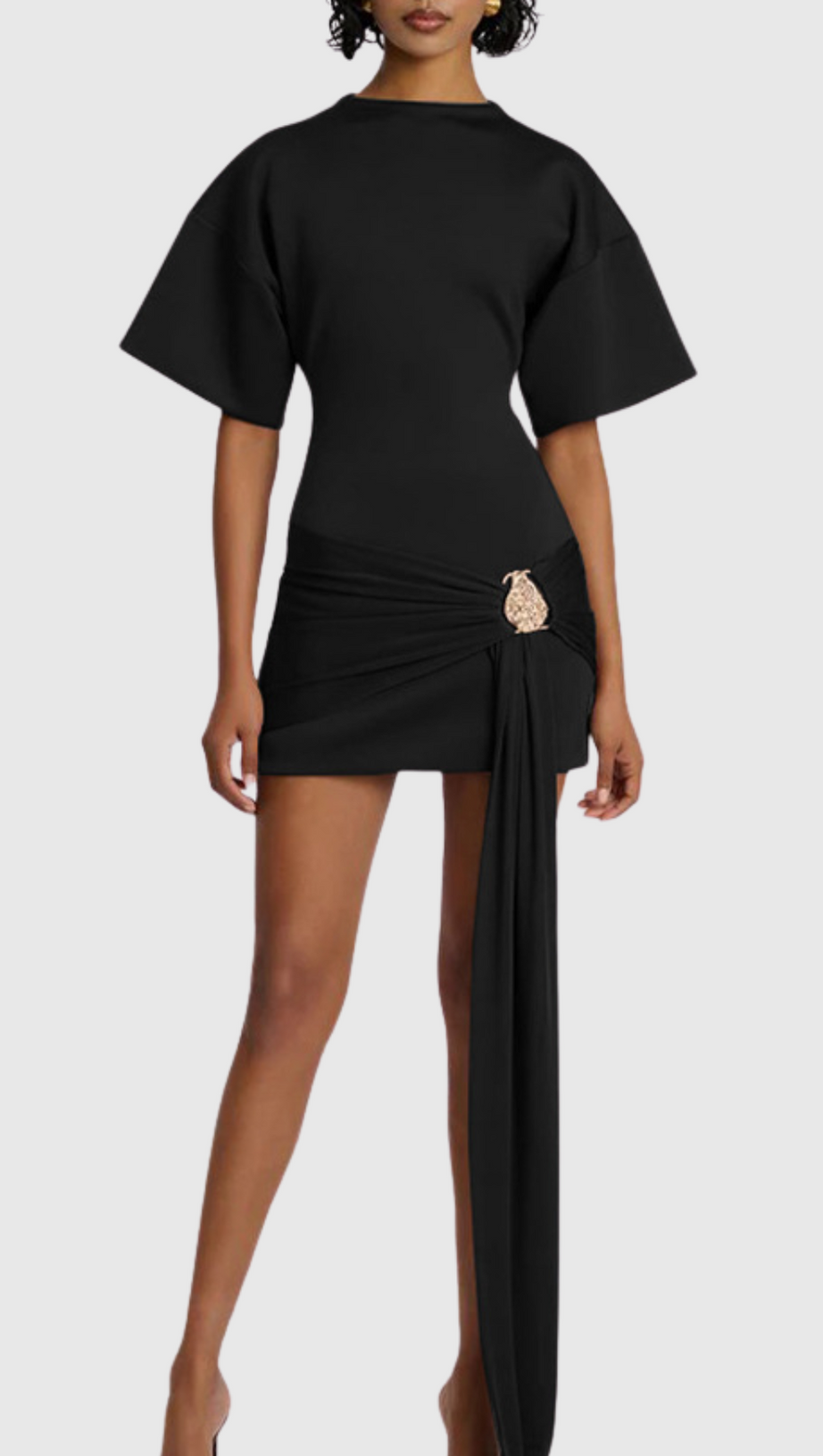 DRAPED EMBELLISHED MINI DRESS - BLACK