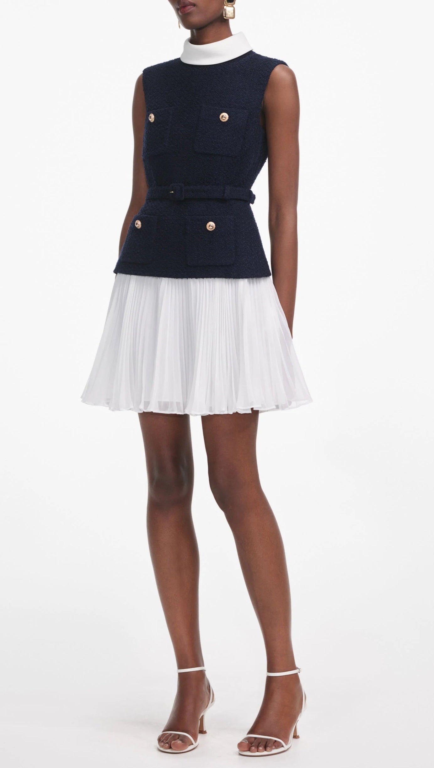NAVY BOUCLE AND CHIFFON MINI DRESS