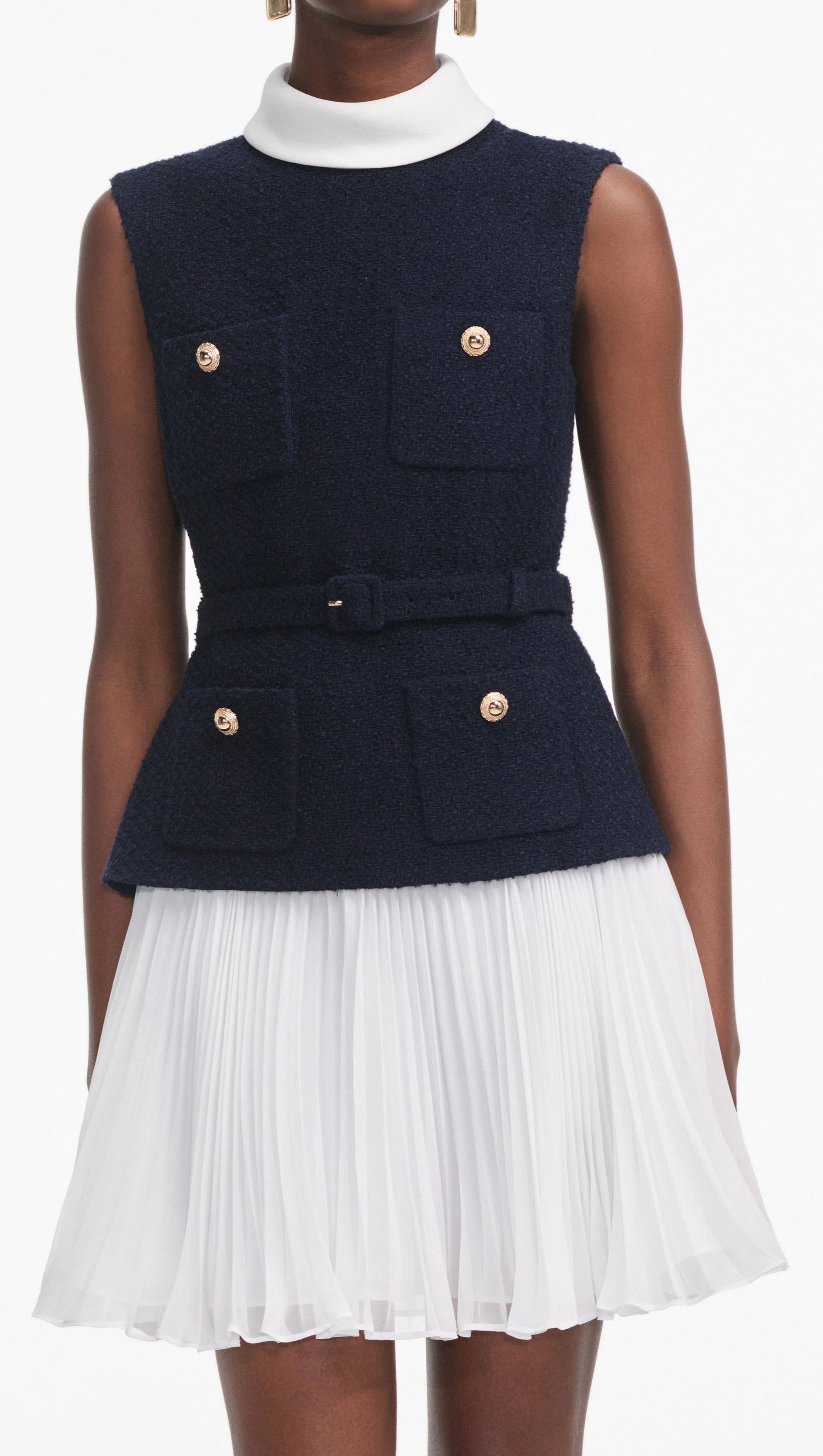 NAVY BOUCLE AND CHIFFON MINI DRESS