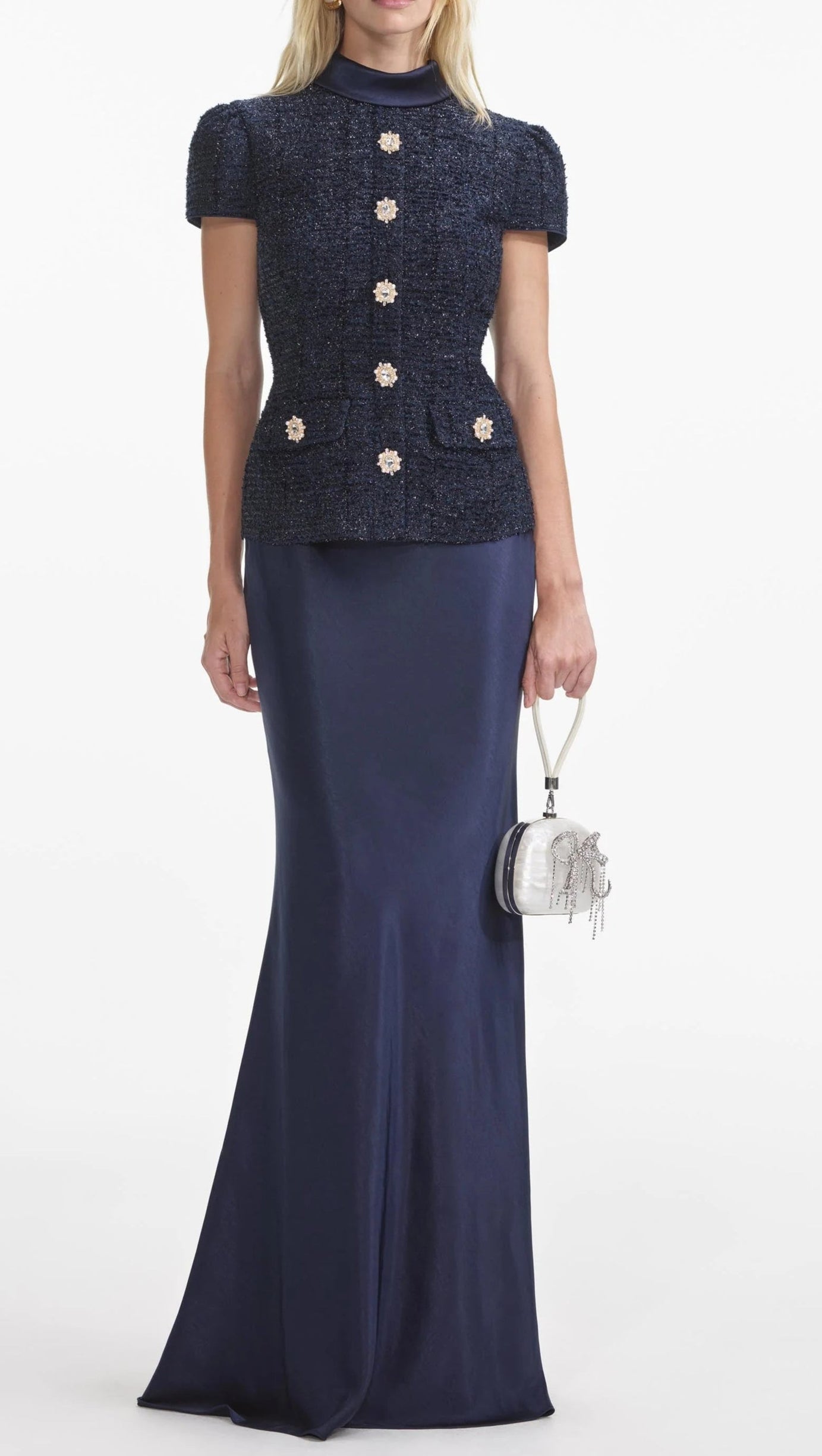 NAVY METALLIC BOUCLE MAXI DRESS