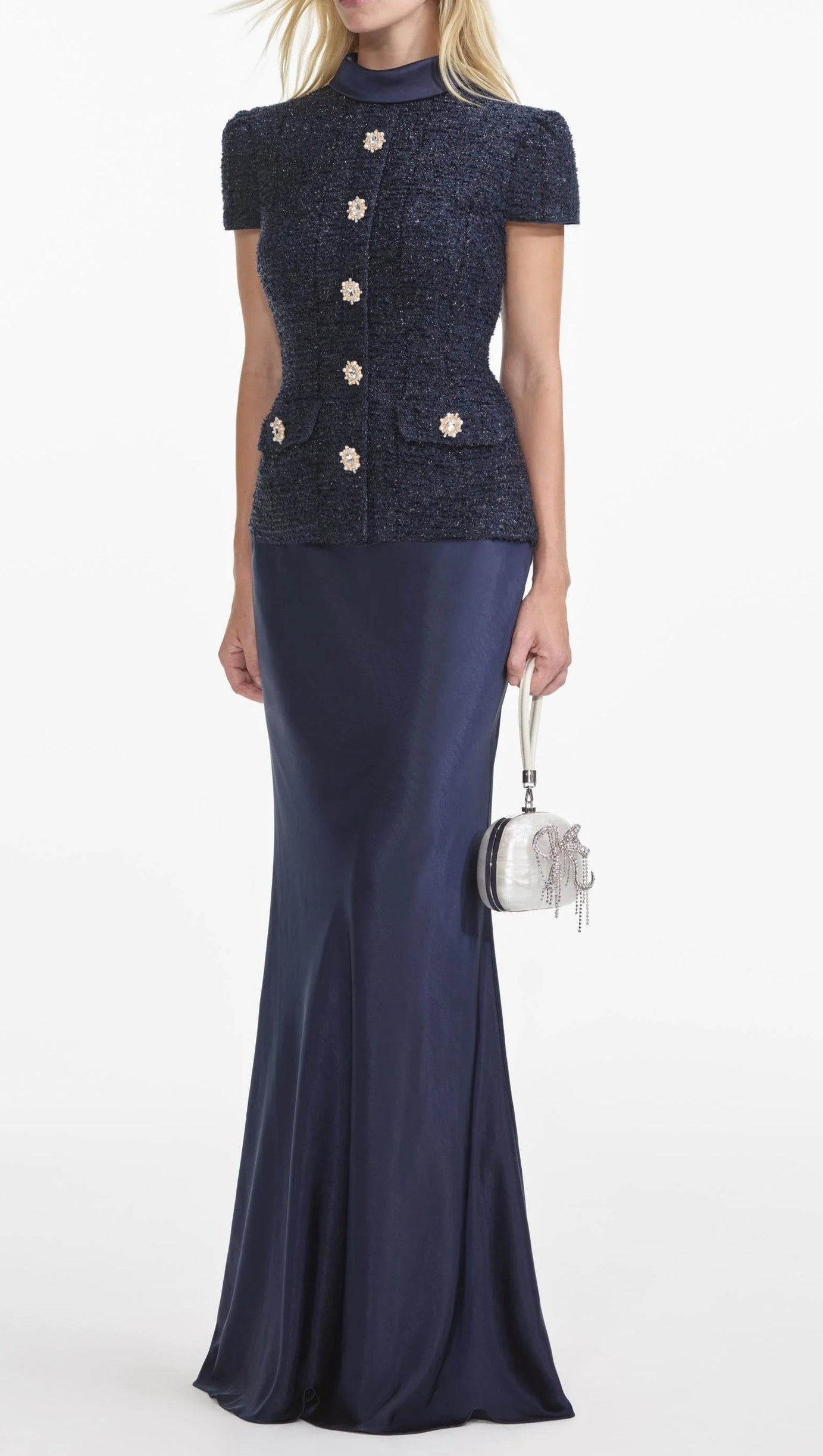 NAVY METALLIC BOUCLE MAXI DRESS