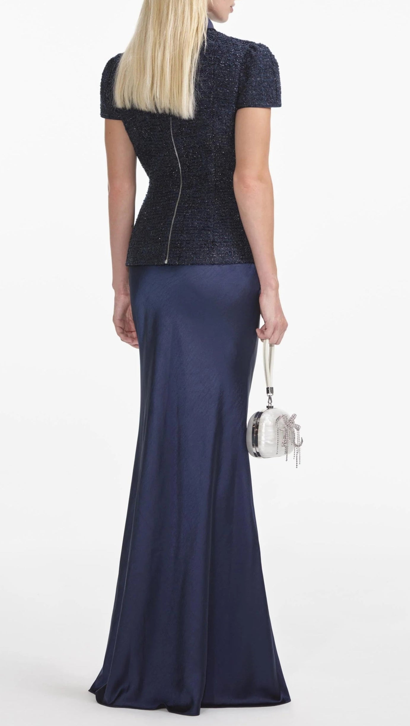 NAVY METALLIC BOUCLE MAXI DRESS