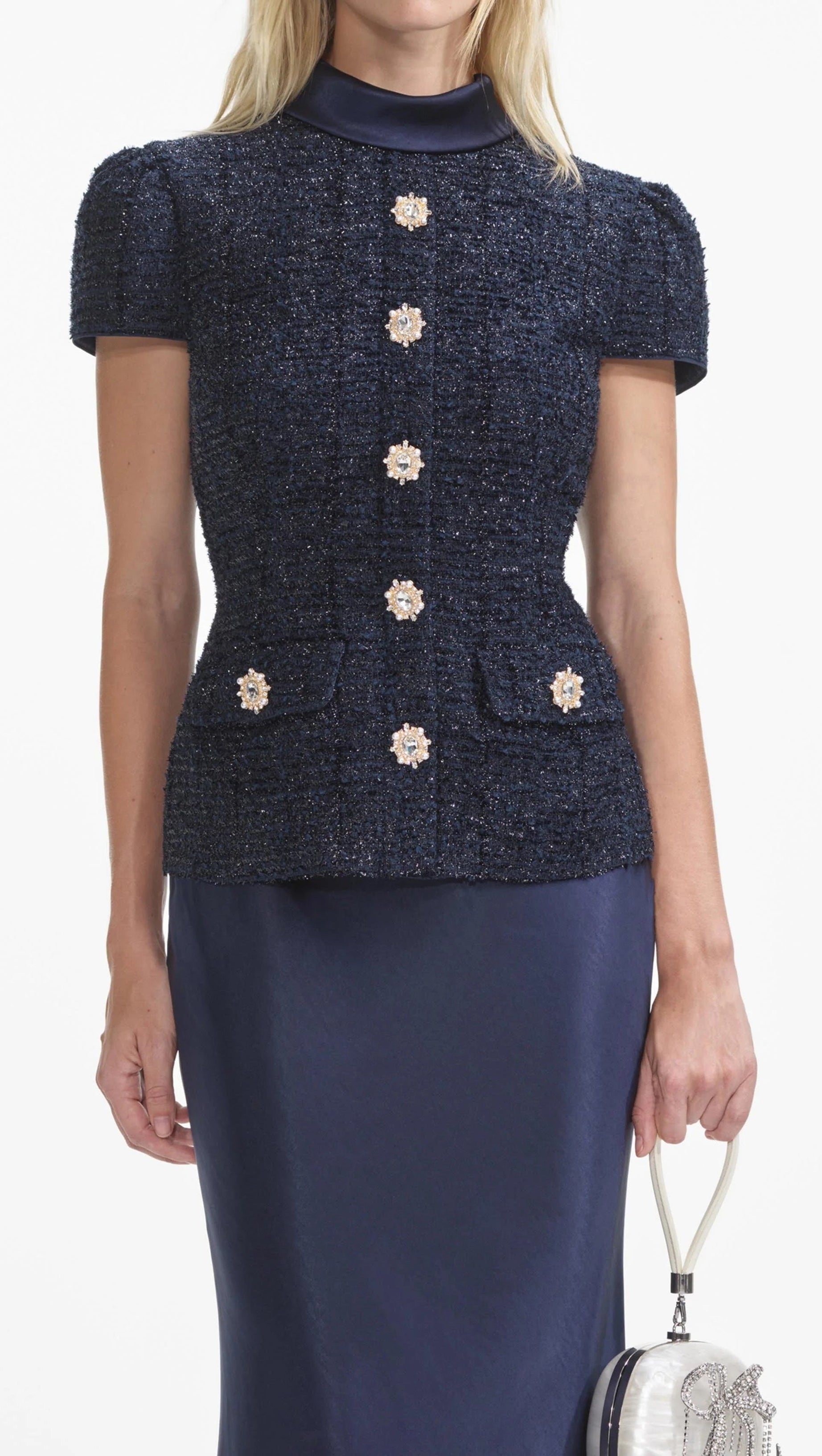 NAVY METALLIC BOUCLE MAXI DRESS