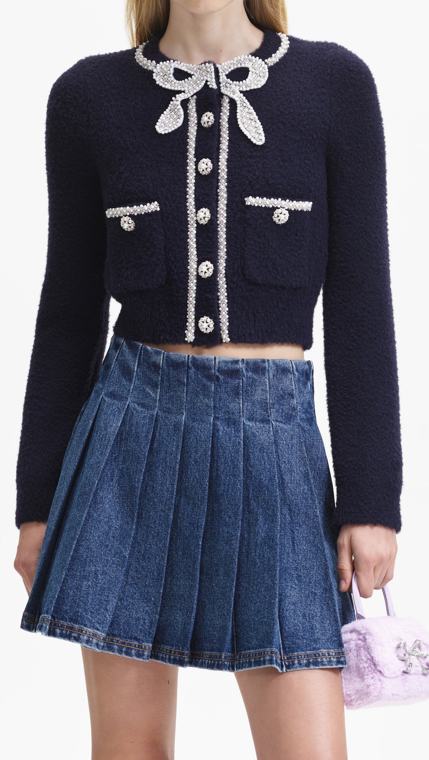 CARDIGAN IN MAGLINA MORBIDA CON FIOCCO BLU MARINO 