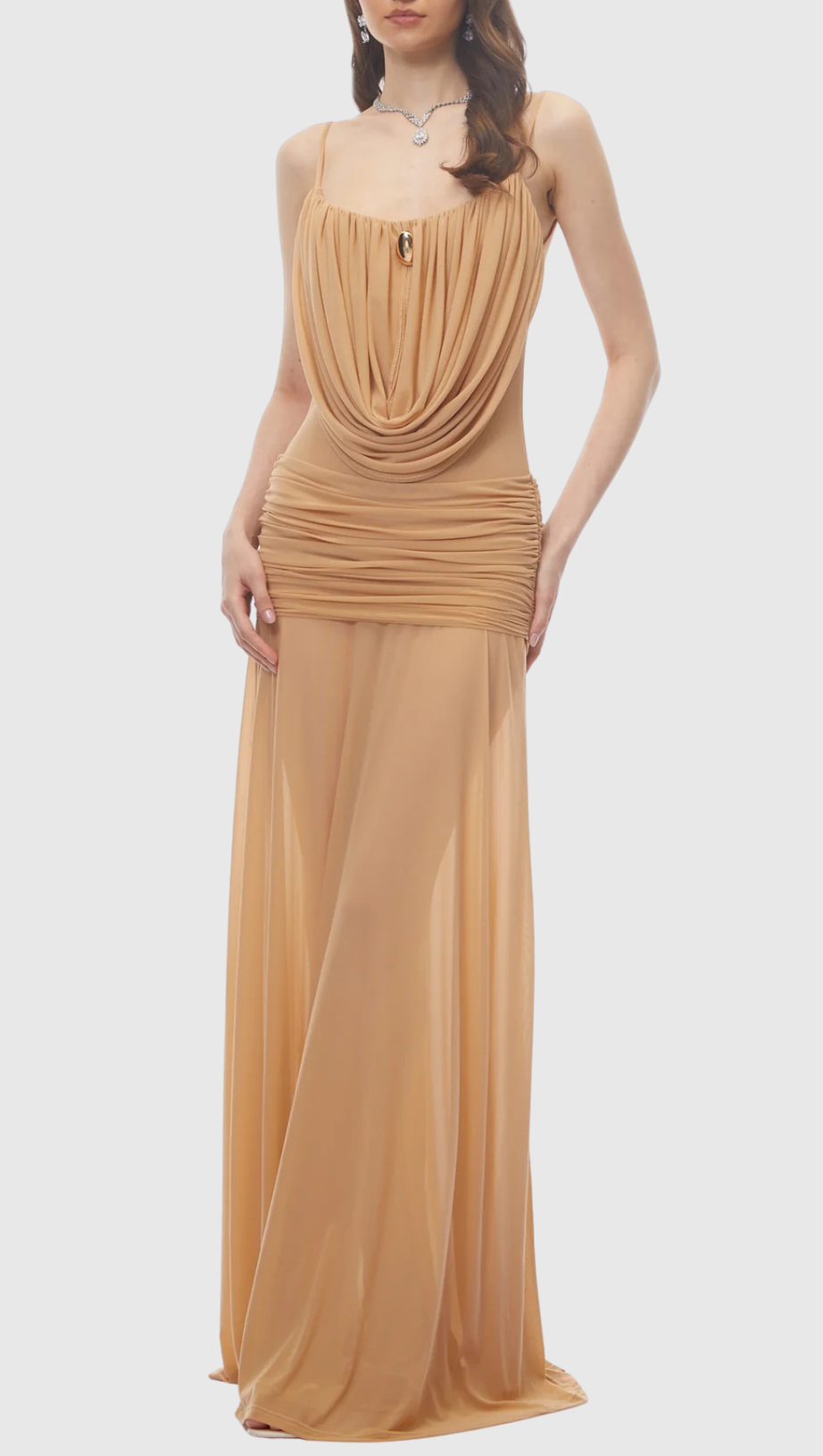 Neraos Draped Ruched Maxi Dress - Beige