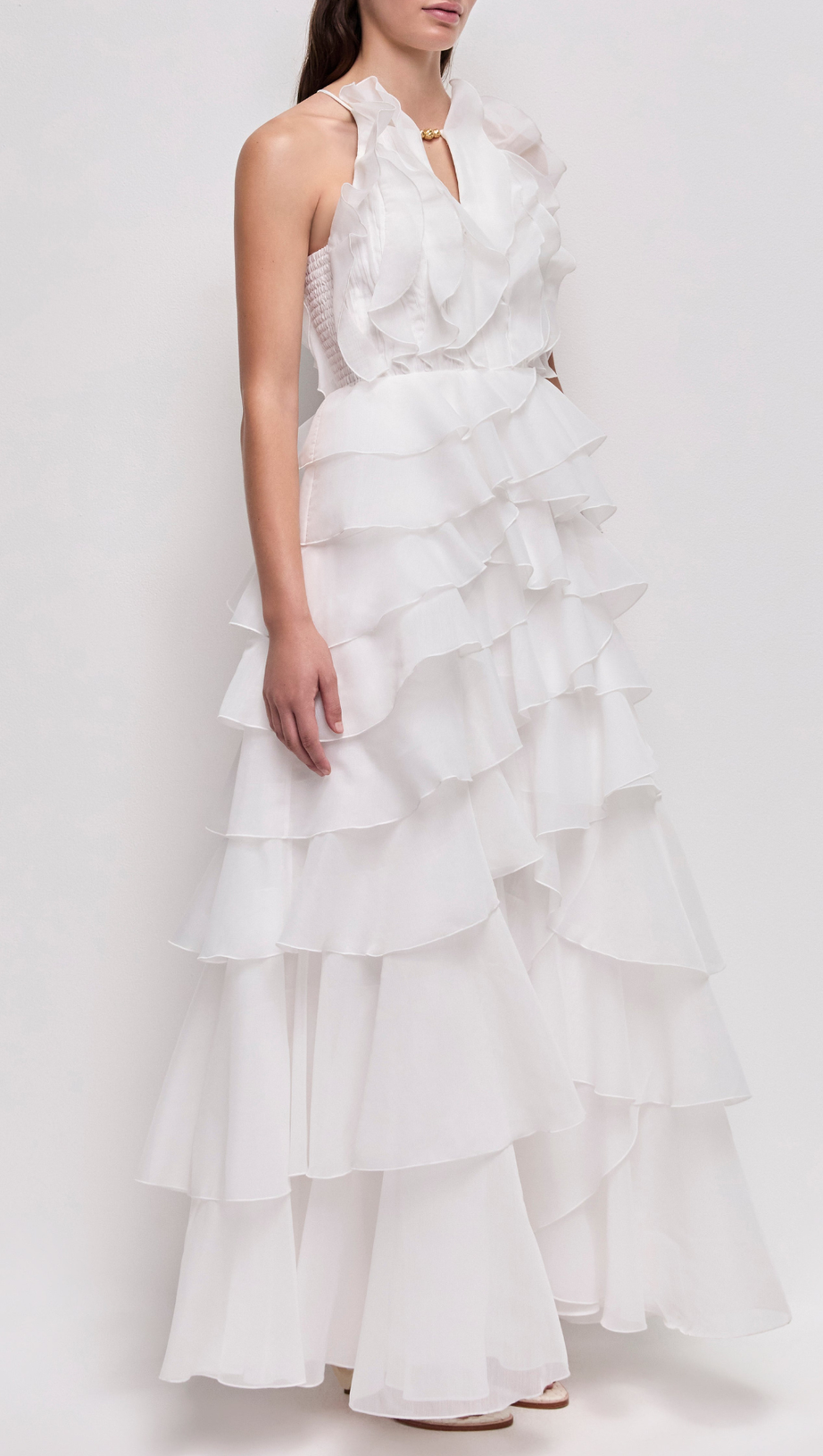 Nigella Halter Ruffle Maxi Dress - White