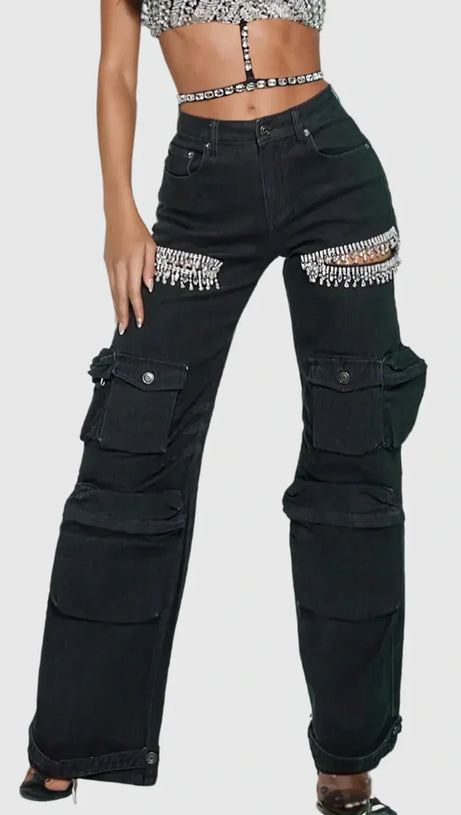 RHINESTONE CUTOUT CARGO JEANS IN BLACK