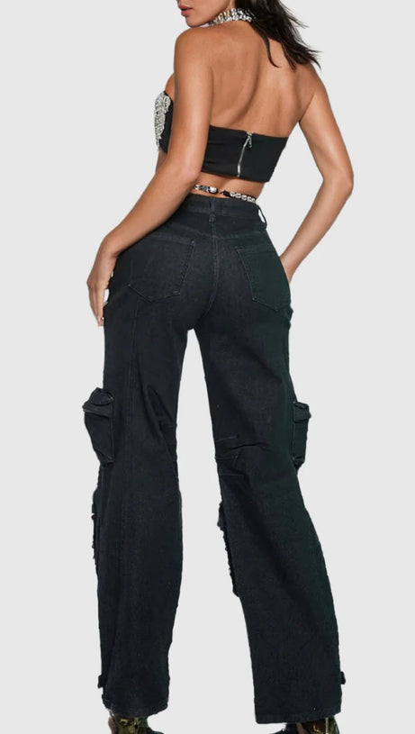 RHINESTONE CUTOUT CARGO JEANS IN BLACK