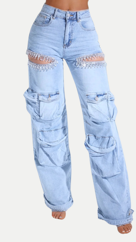 RHINESTONE CUTOUT CARGO JEANS IN BLUE