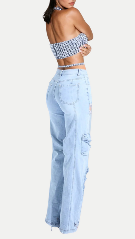 RHINESTONE CUTOUT CARGO JEANS IN BLUE