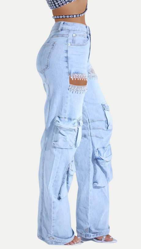 RHINESTONE CUTOUT CARGO JEANS IN BLUE