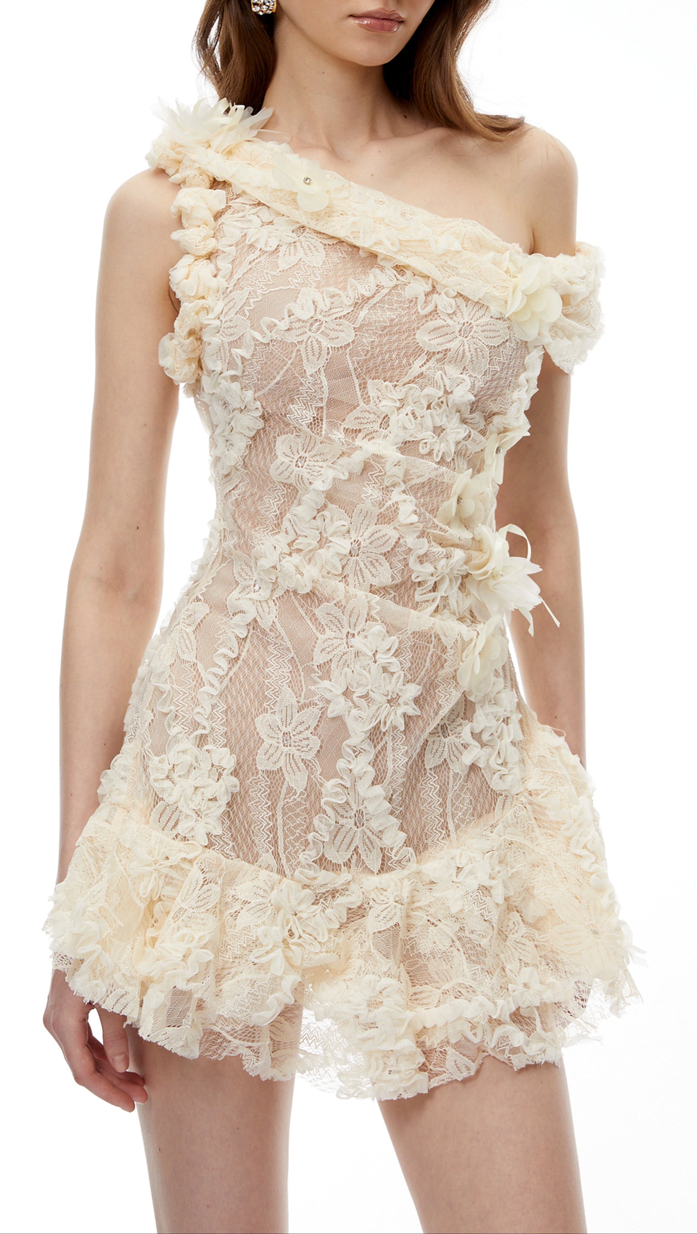 Niobe White Flared Lace Mini Dress with 3D Florals