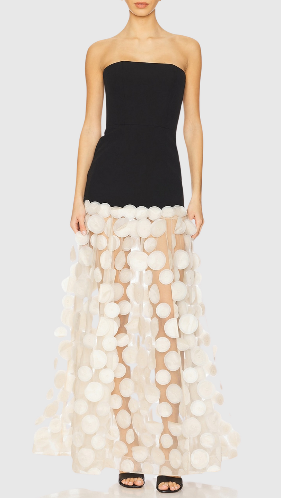 NODIN STRAPLESS DOT MESH MAXI DRESS