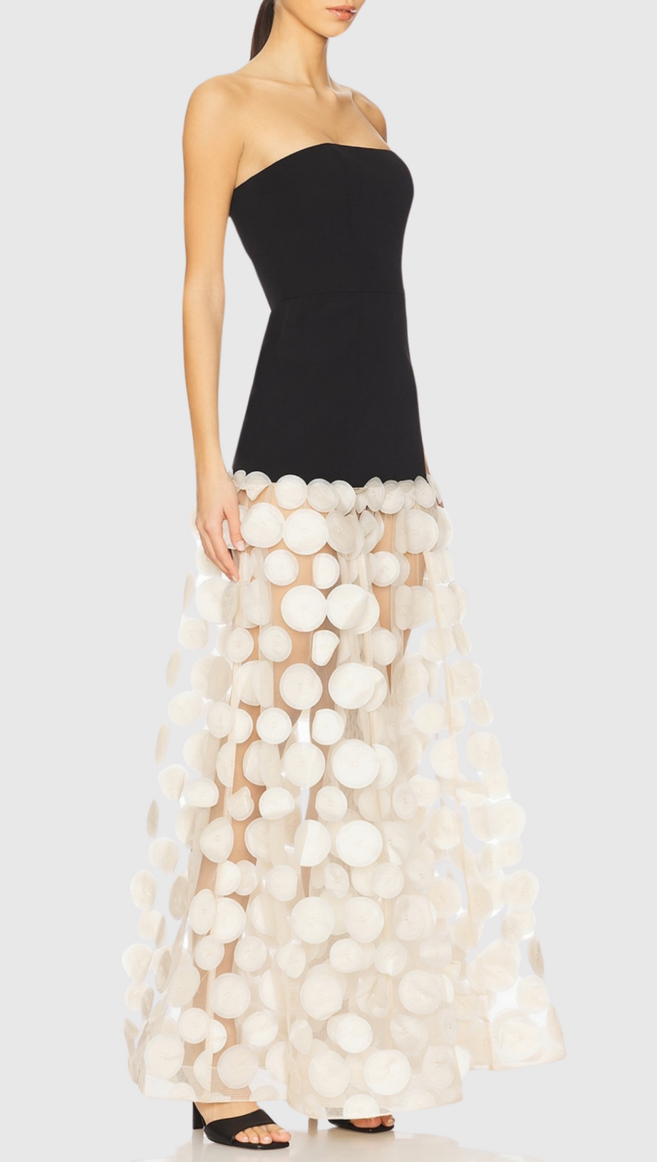 NODIN STRAPLESS DOT MESH MAXI DRESS