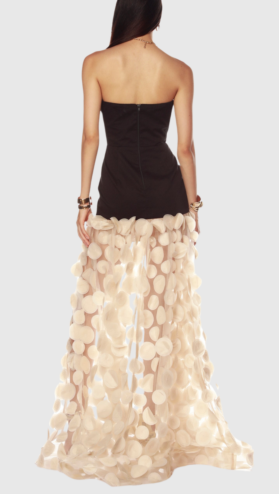 NODIN STRAPLESS DOT MESH MAXI DRESS