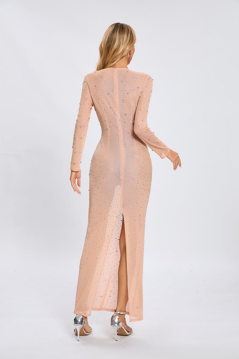Nude Crystal Embellished Transparent Gown