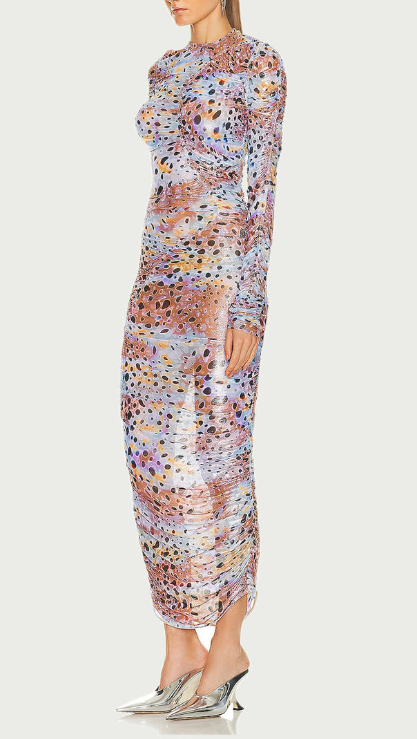 AIIZIE LONG SLEEVE MIDI DRESS IN SHEER BLACK DOTS SILVER - product image