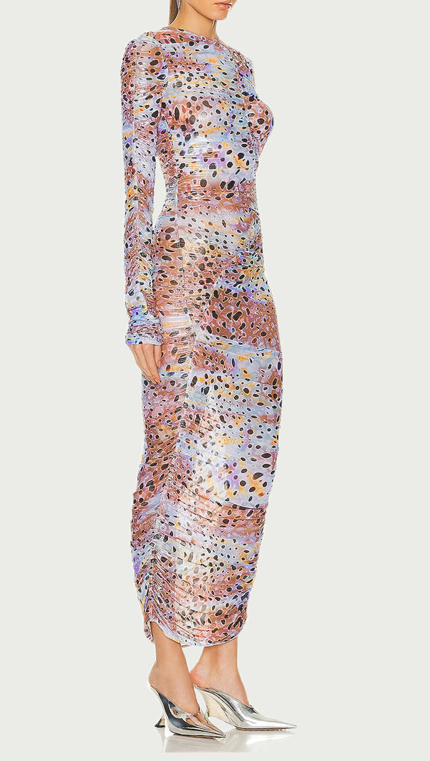 AIIZIE LONG SLEEVE MIDI DRESS IN SHEER BLACK DOTS SILVER - product image