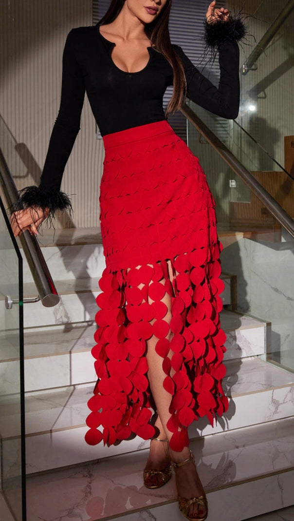 AIIZIE CIRCLE CUTOUT FRINGE SKIRT IN RED - product image