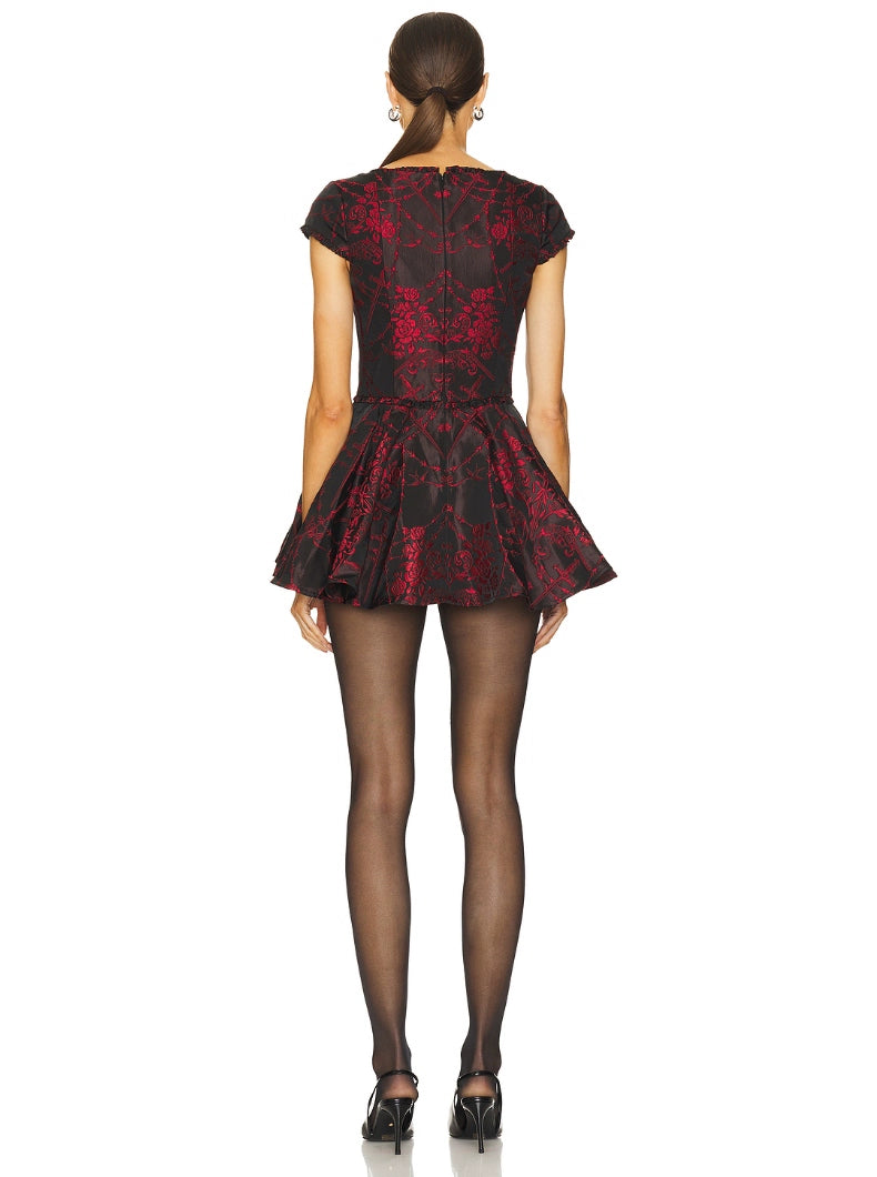 AIIZIE SQUARE NECK JACQUARD MINI DRESS IN BLACK RED - product image