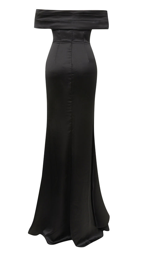 OFF - SHOULDER EMBROIDERED CORSET - WAIST SLIT GOWN IN BLACK