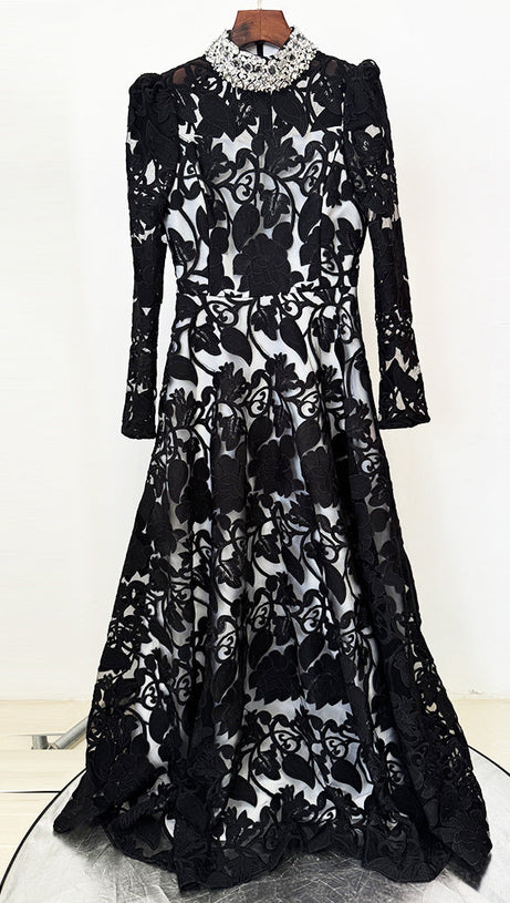 black mesh diamond embroidered maxi dress