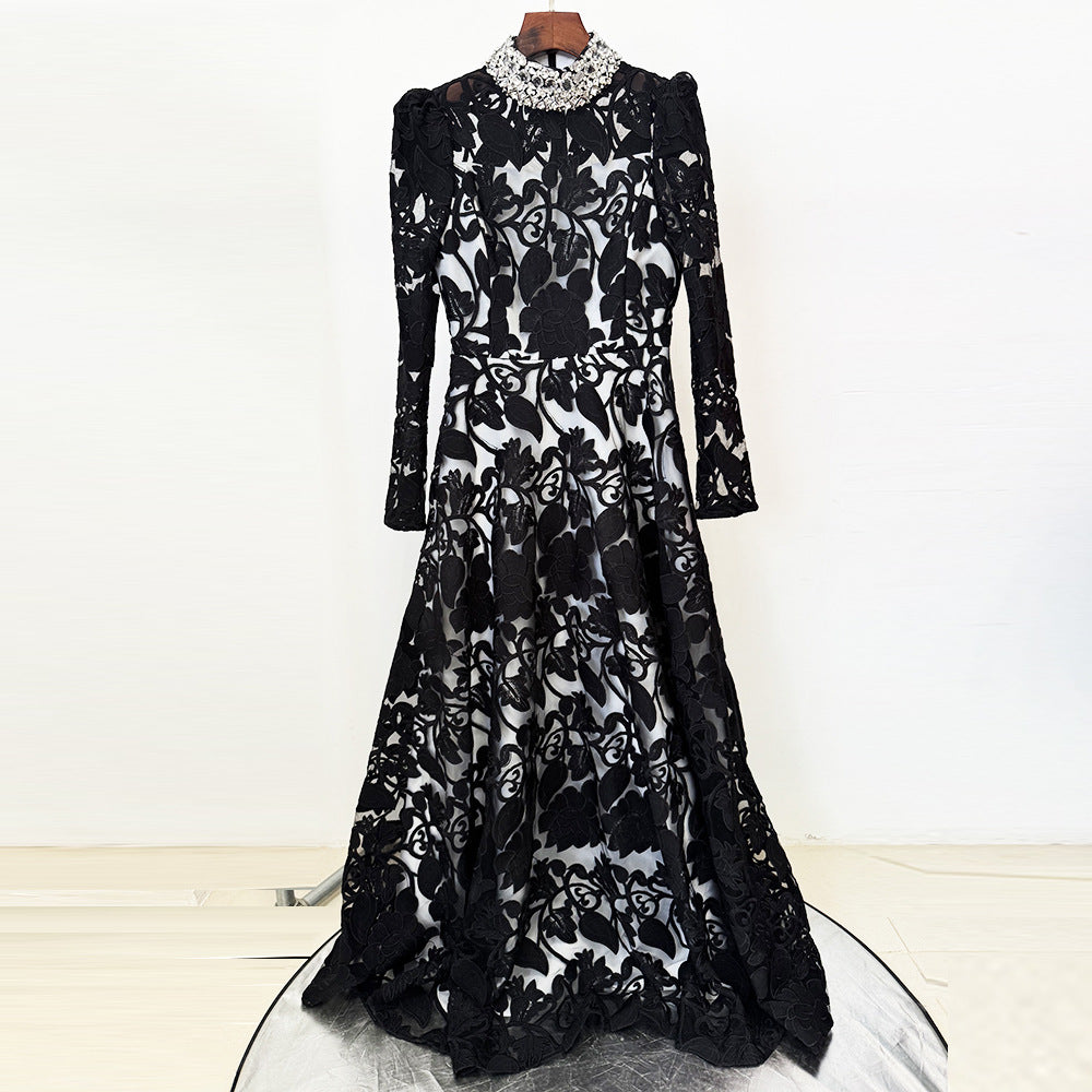 AIIZIE black mesh diamond embroidered maxi dress - product image