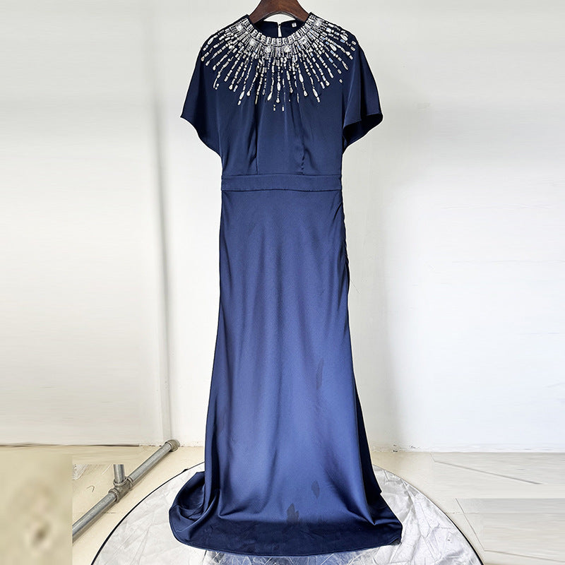 backless satin bead diamond maxi dress