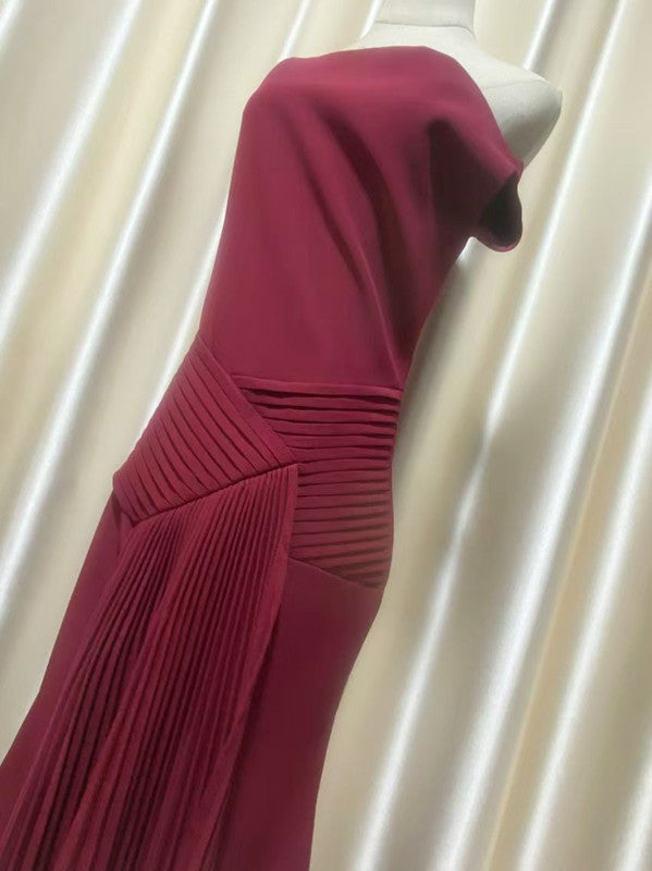RED RUCHED DRAPED ASYMMETRIC MAXI DRESS