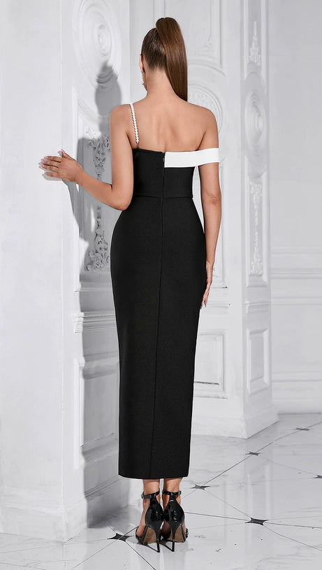 IRIS ONE SHOULDER PEARL STRAP MAXI DRESS IN BLACK