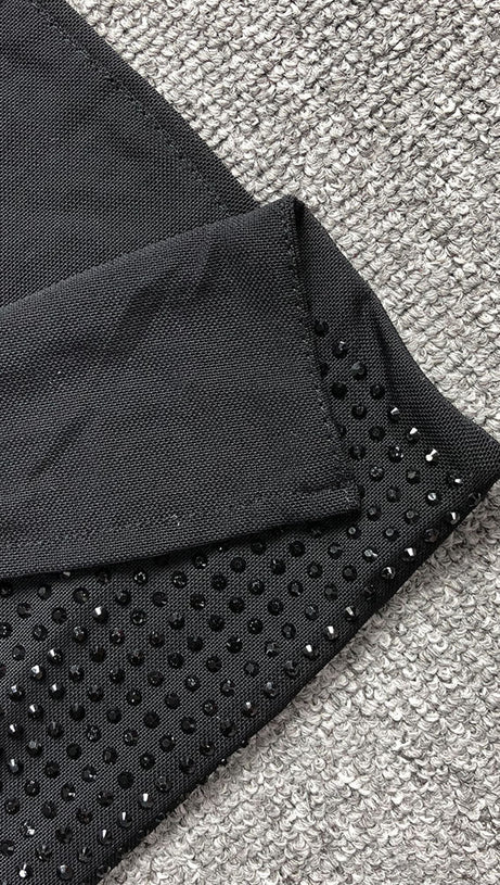 STRAPLESS RHINESTONE ROSE MAXI DRESS IN BLACK